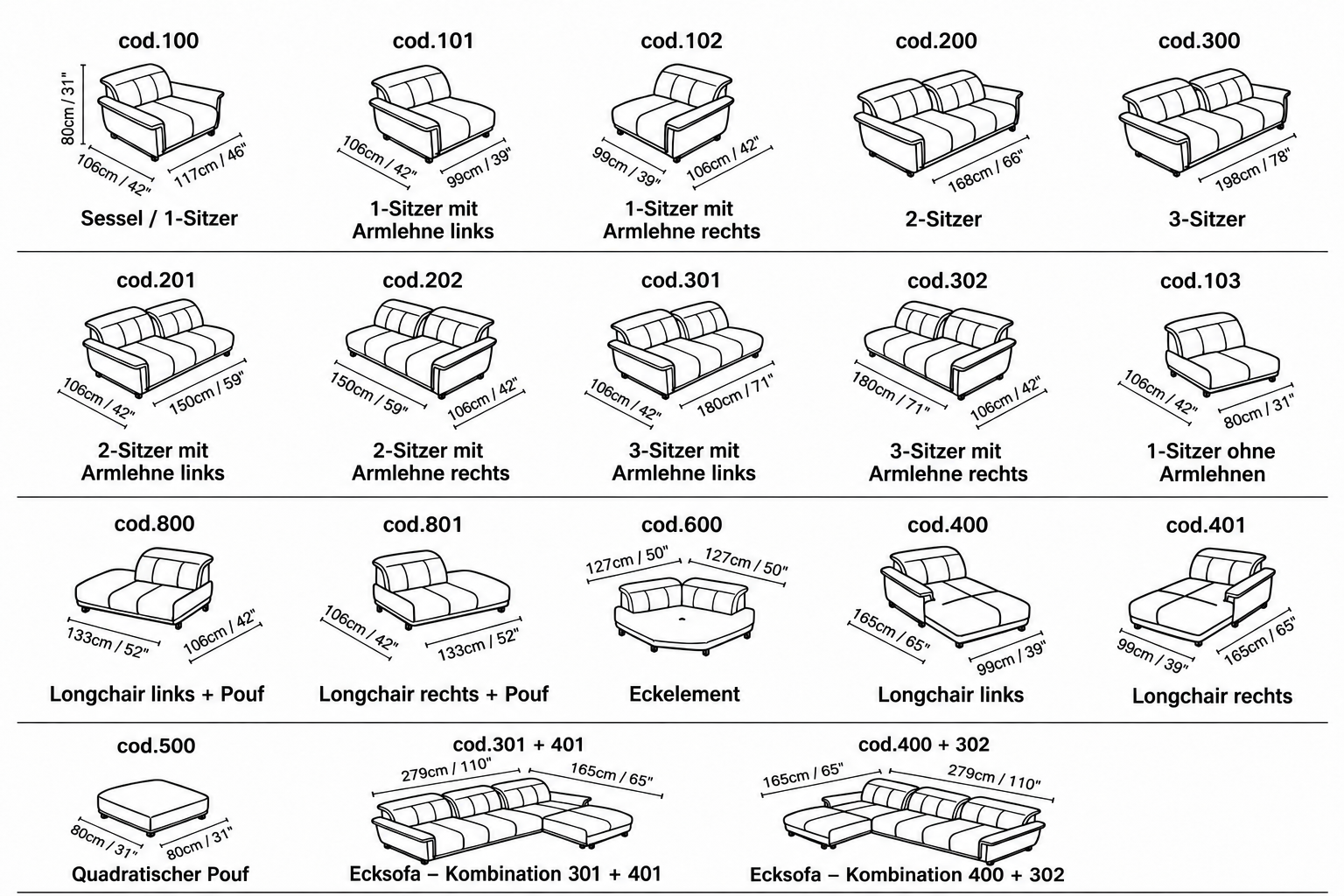 Technisches Sofamodule-Datenblatt Technische Übersicht des modularen Sofas Sofia mit verschiedenen Ausführungen, Abmessungen und Ecksofa-Kombinationen.